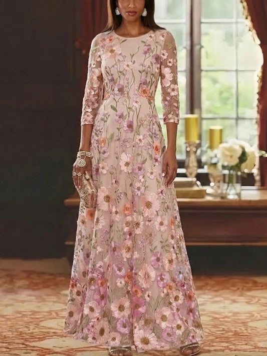 A-Line/Princess Scoop Lace Embroidery Mother of the Bride Dresses Floral Ankle-Length 3/4 Sleeves