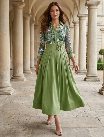 A-Line/Princess Shirt Collar Satin Mother of the Bride Dresses Tea-Length Lace Sequins 3/4 Sleeves Floral 3D Flower