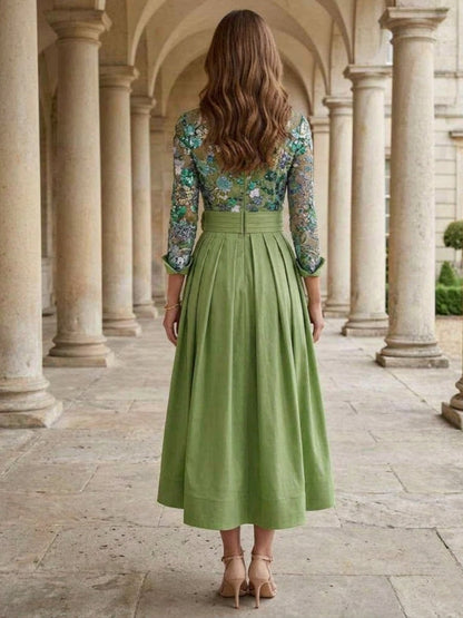 A-Line/Princess Shirt Collar Satin Mother of the Bride Dresses Tea-Length Lace Sequins 3/4 Sleeves Floral 3D Flower