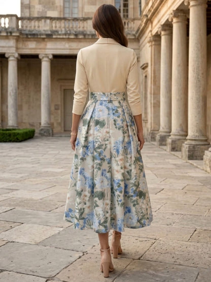 A-Line/Princess V-Neck Mother of the Bride Dresses Printed Satin 3/4 Sleeves Floral Tea-Length