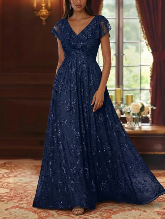 A-Line/Princess V-Neck Sequins Lace Mother of the Bride Dresses Short Sleeves Floral Floor-Length
