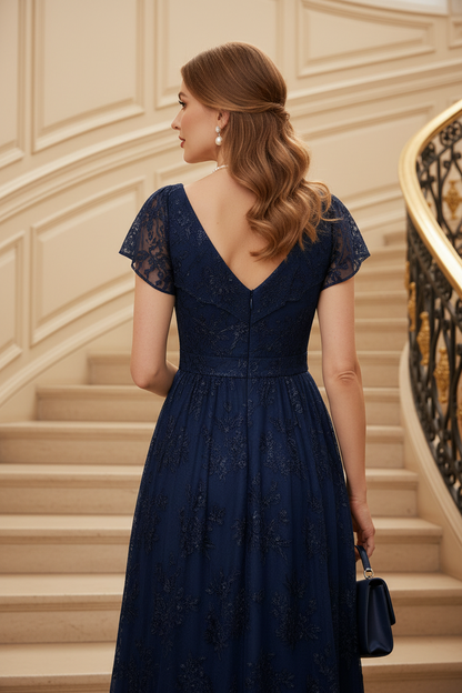 A-Line/Princess V-Neck Sequins Lace Mother of the Bride Dresses Short Sleeves Floral Floor-Length