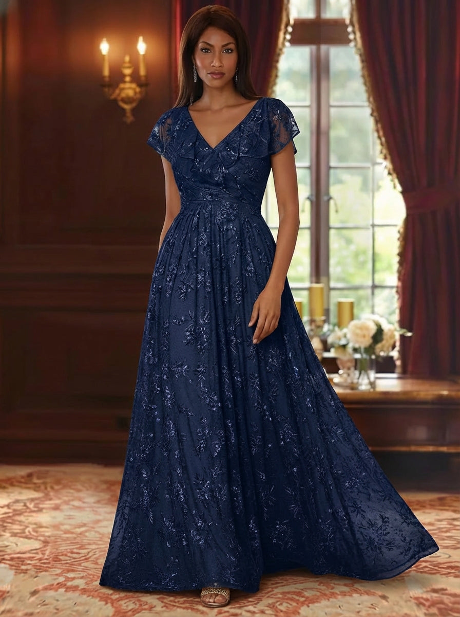 A-Line/Princess V-Neck Sequins Lace Mother of the Bride Dresses Short Sleeves Floral Floor-Length