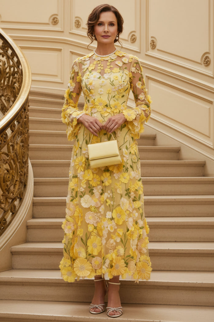 A-Line/Princess Scoop Lace Appliques Mother of the Bride Dresses Floral Long Sleeves Tea-Length