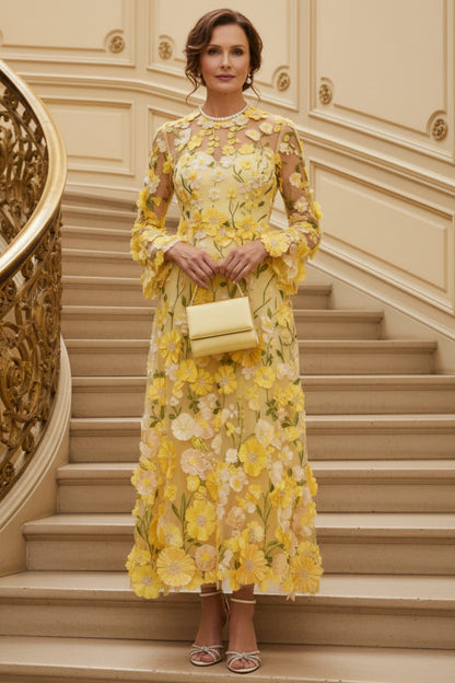 A-Line/Princess Scoop Lace Appliques Mother of the Bride Dresses Floral Long Sleeves Tea-Length
