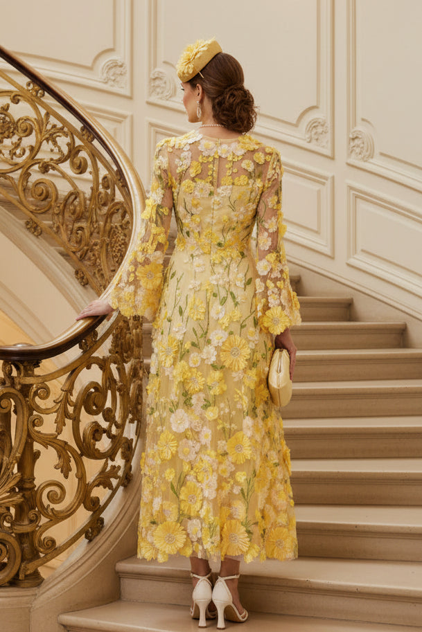 A-Line/Princess Scoop Lace Appliques Mother of the Bride Dresses Floral Long Sleeves Tea-Length