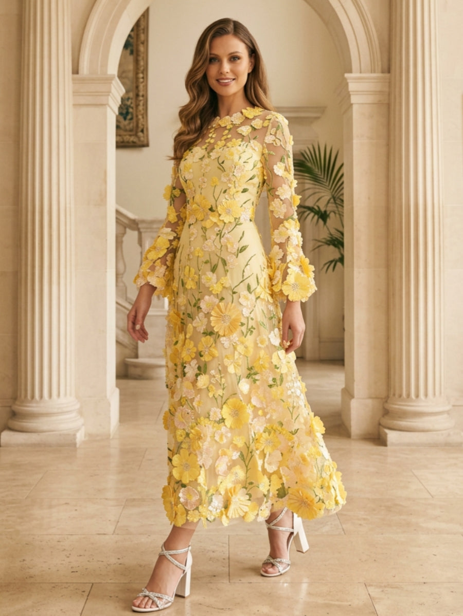 A-Line/Princess Scoop Lace Appliques Mother of the Bride Dresses Floral Long Sleeves Tea-Length