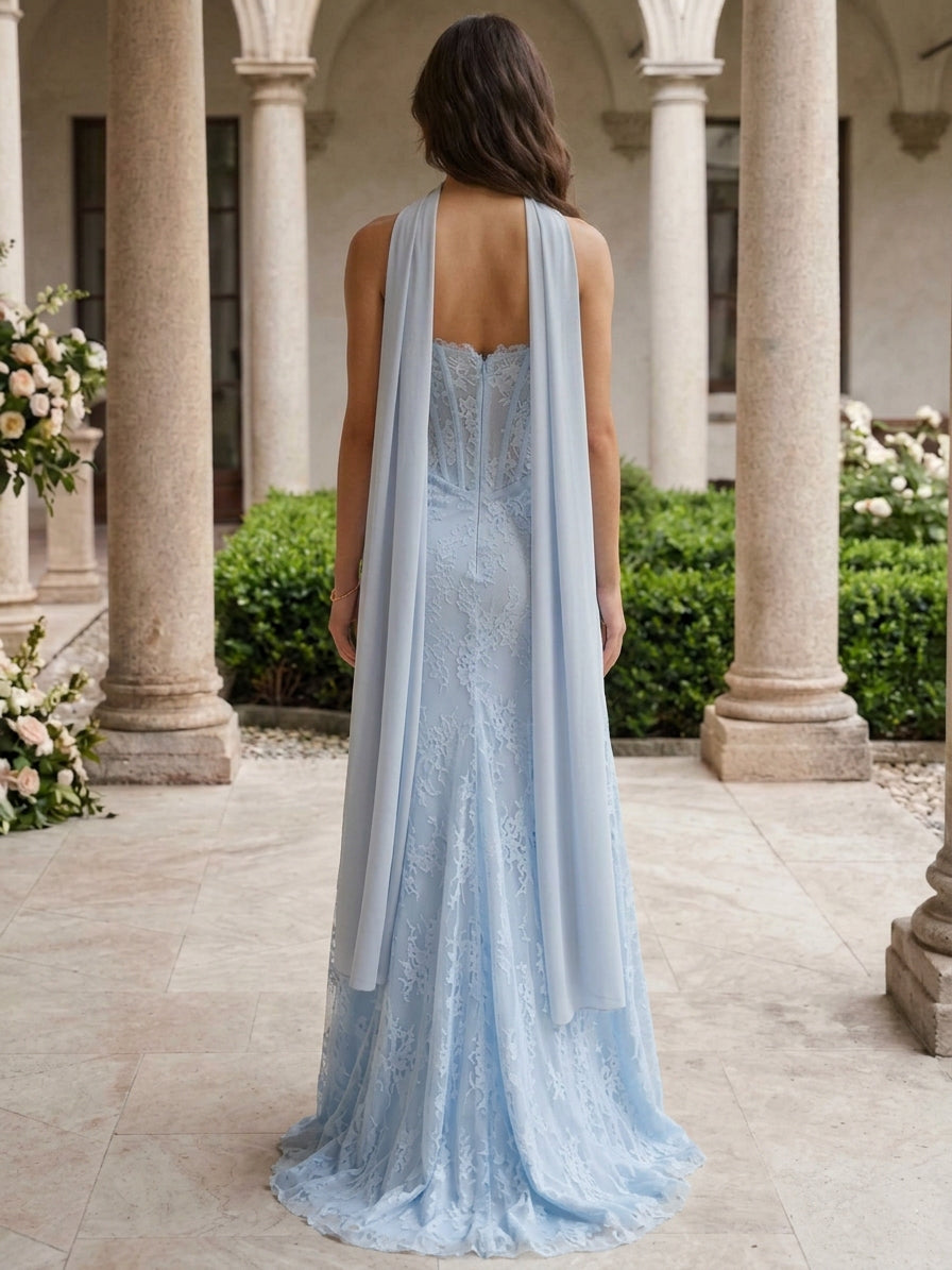 Sheath/Column Strapless Lace Prom Dresses with Scarf Floor-Length with Split Side Sleeveless Formal Dresses