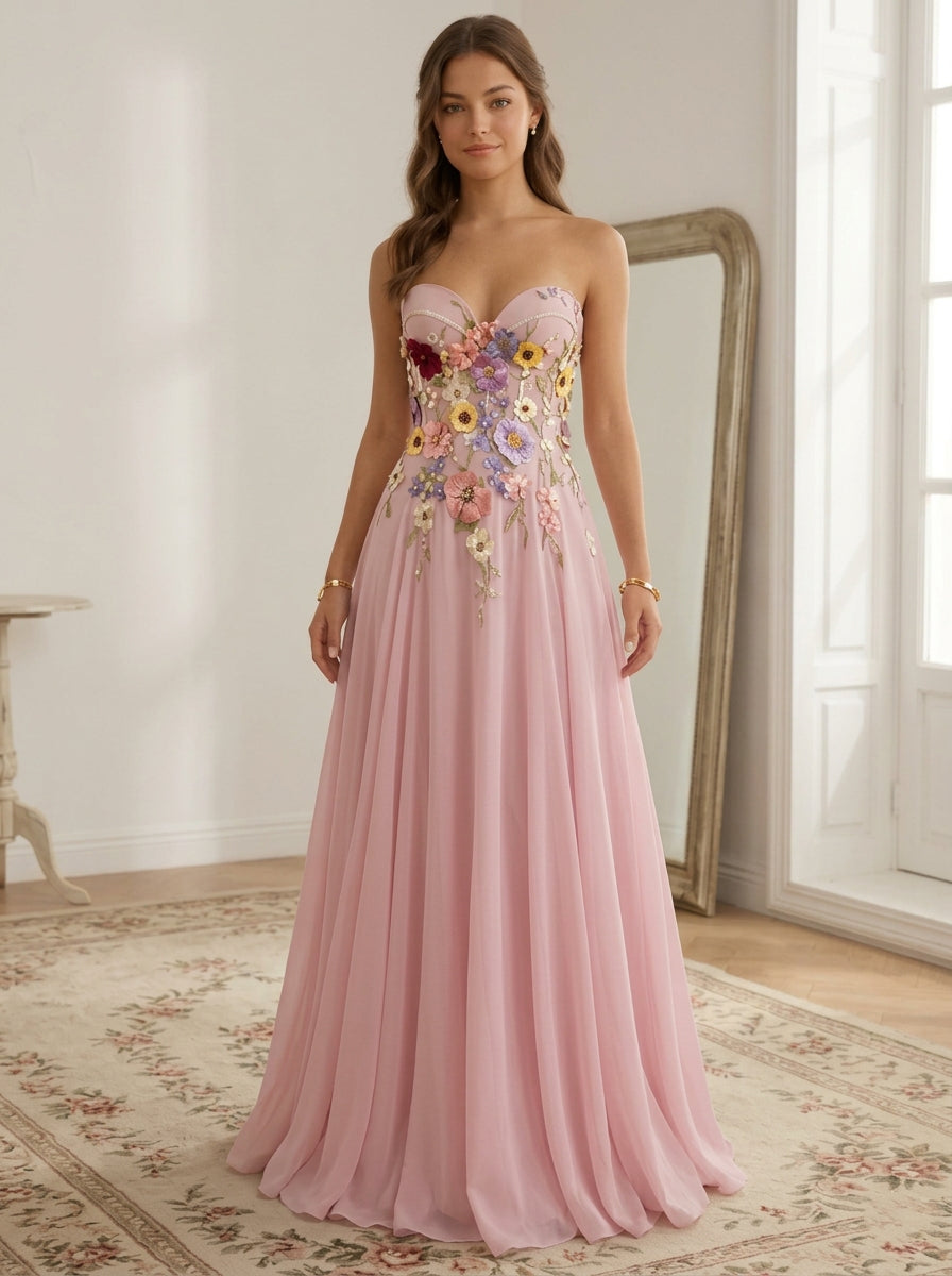 A-Line/Princess Strapless Chiffon Prom Dresses Lace Floral Floor-Length Sleeveless