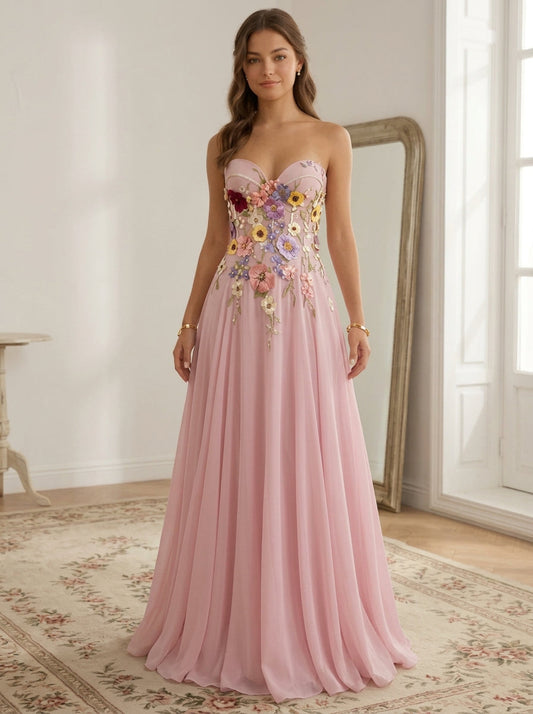 A-Line/Princess Strapless Chiffon Prom Dresses Lace Floral Floor-Length Sleeveless