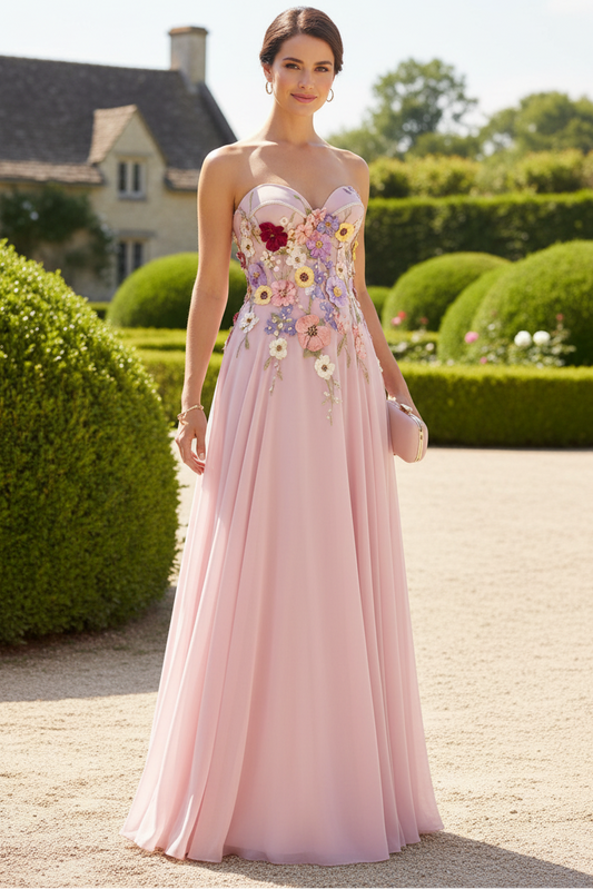 A-Line/Princess Strapless Chiffon Prom Dresses Lace Floral Floor-Length Sleeveless