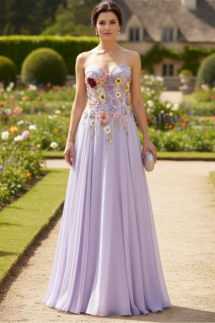 A-Line/Princess Strapless Chiffon Prom Dresses Lace Floral Floor-Length Sleeveless