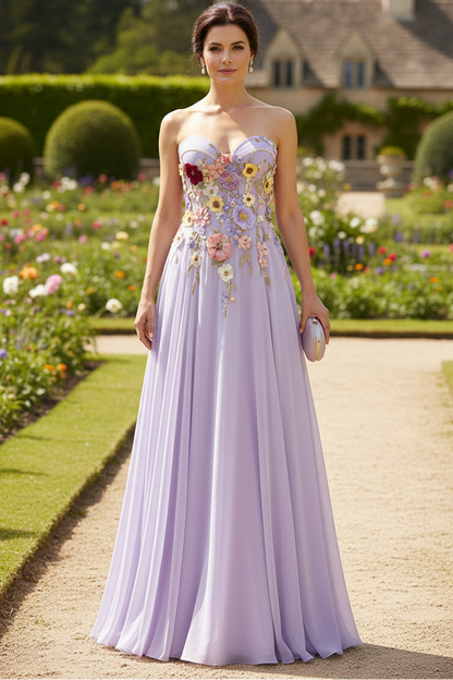 A-Line/Princess Strapless Chiffon Prom Dresses Lace Floral Floor-Length Sleeveless