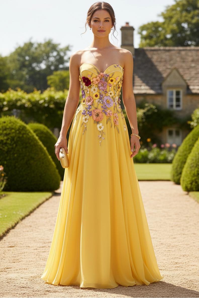 A-Line/Princess Strapless Chiffon Prom Dresses Lace Floral Floor-Length Sleeveless