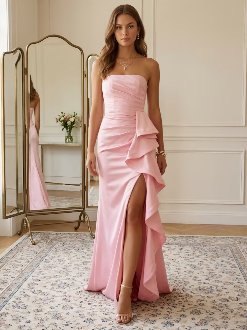 Trumpet/Mermaid Strapless Satin Prom Dresses with Split Side Sleeveless Ruffles Floor-Length Formal Dresses