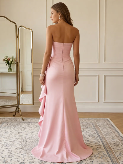 Trumpet/Mermaid Strapless Satin Prom Dresses with Split Side Sleeveless Ruffles Floor-Length Formal Dresses