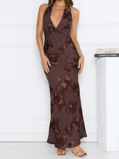 Sheath/Column Halter Deep V-Neck Tulle Wedding Guest Dresses Floor-Length Sleeveless Floral Lace