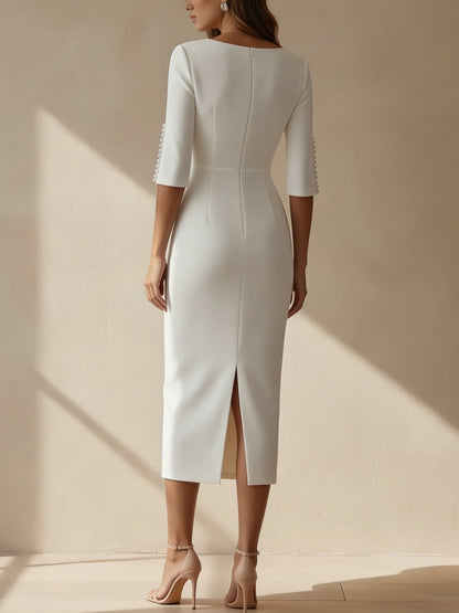 Sheath/Column Scoop Stretch Satin Cocktail Dresses Tea-Length Half Sleeves Formal Dress