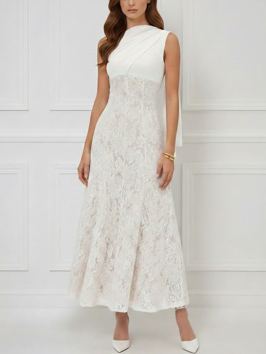 Trumpet/Mermaid Scoop Stretch Satin Cocktail Dresses with Watteau Train Lace Ankle-Length Sleevelesss Formal Dress