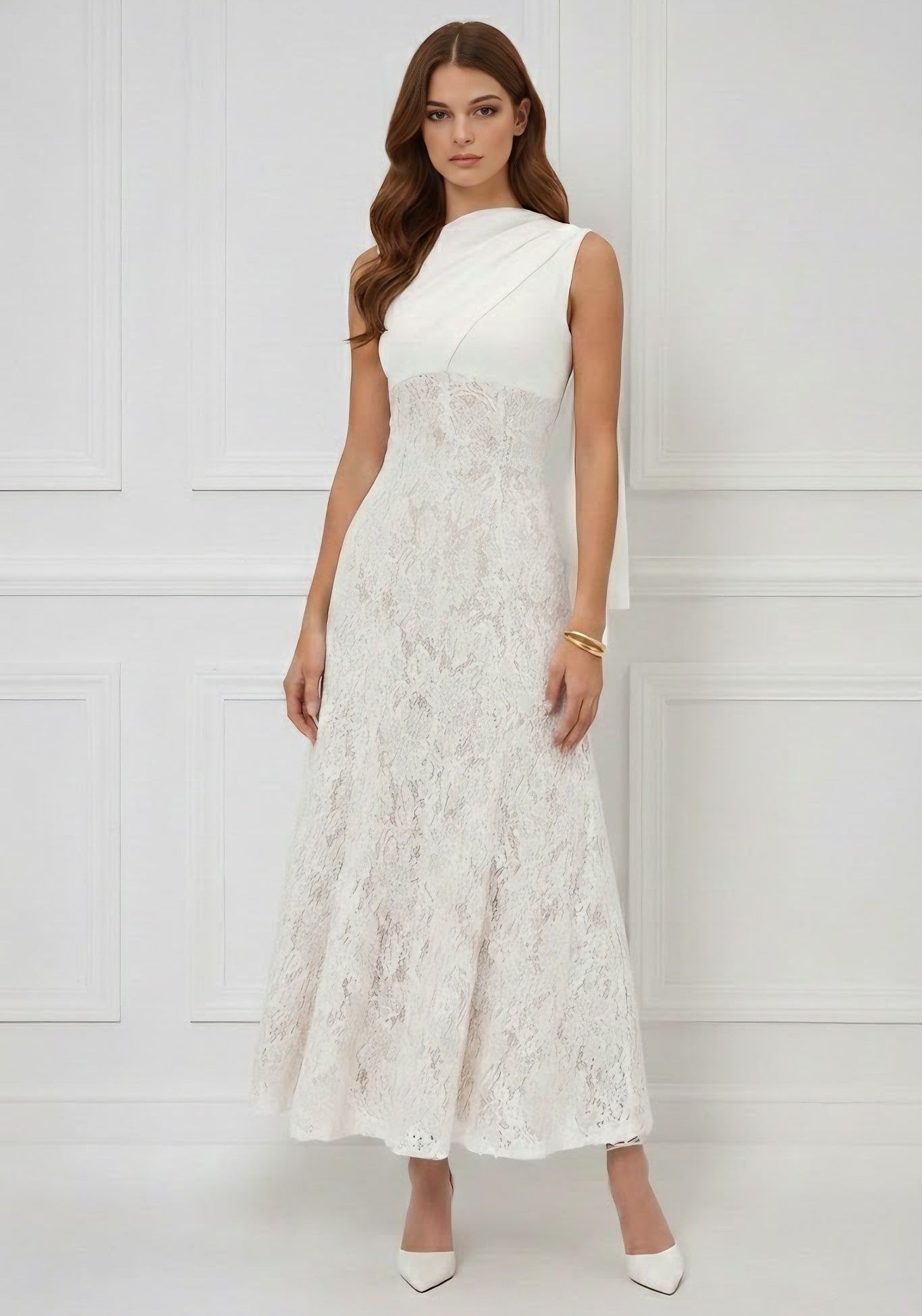 Trumpet/Mermaid Scoop Stretch Satin Cocktail Dresses with Watteau Train Lace Ankle-Length Sleevelesss Formal Dress