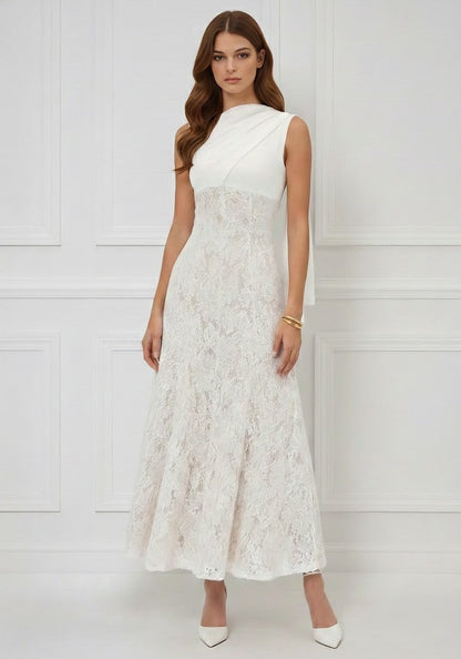 Trumpet/Mermaid Scoop Stretch Satin Cocktail Dresses with Watteau Train Lace Ankle-Length Sleevelesss Formal Dress