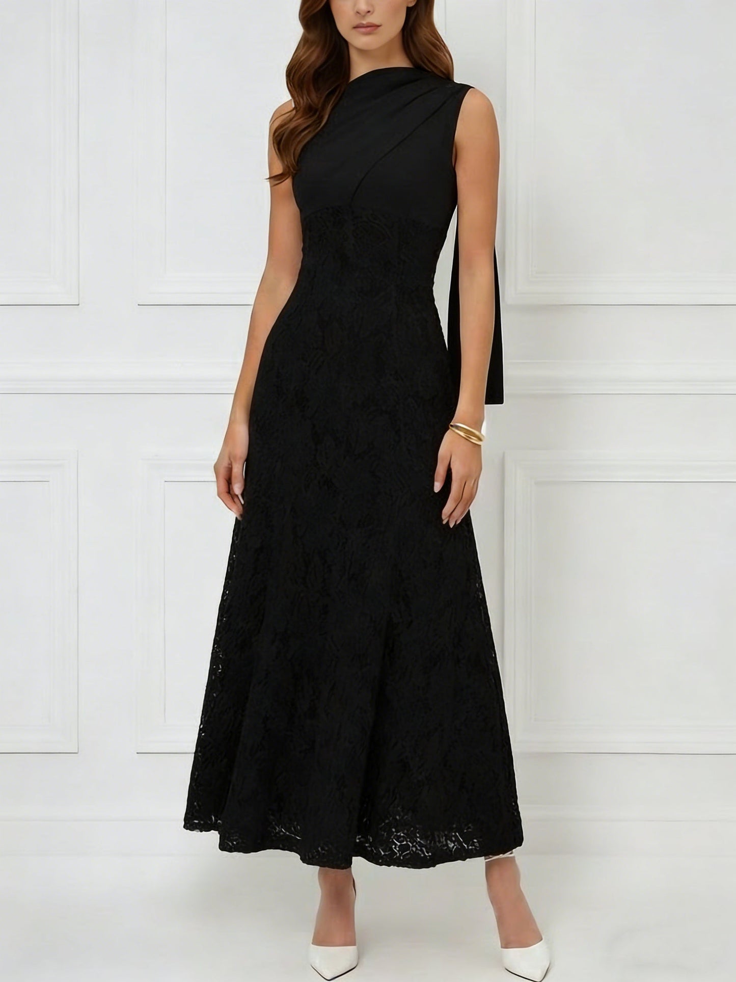 Trumpet/Mermaid Scoop Stretch Satin Cocktail Dresses with Watteau Train Lace Ankle-Length Sleevelesss Formal Dress