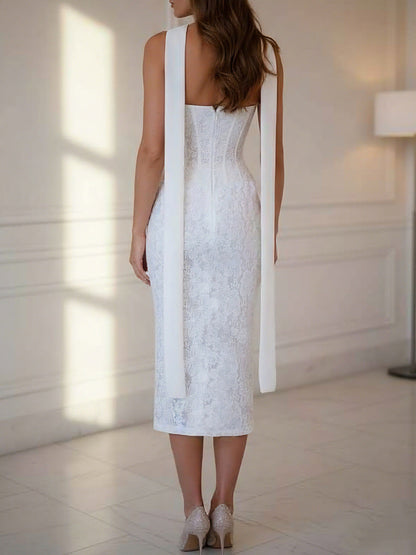 Sheath/Column Strapless Lace Cocktail Dresses with Neck Scarf Sleeveless Tea-Length Formal Dresses