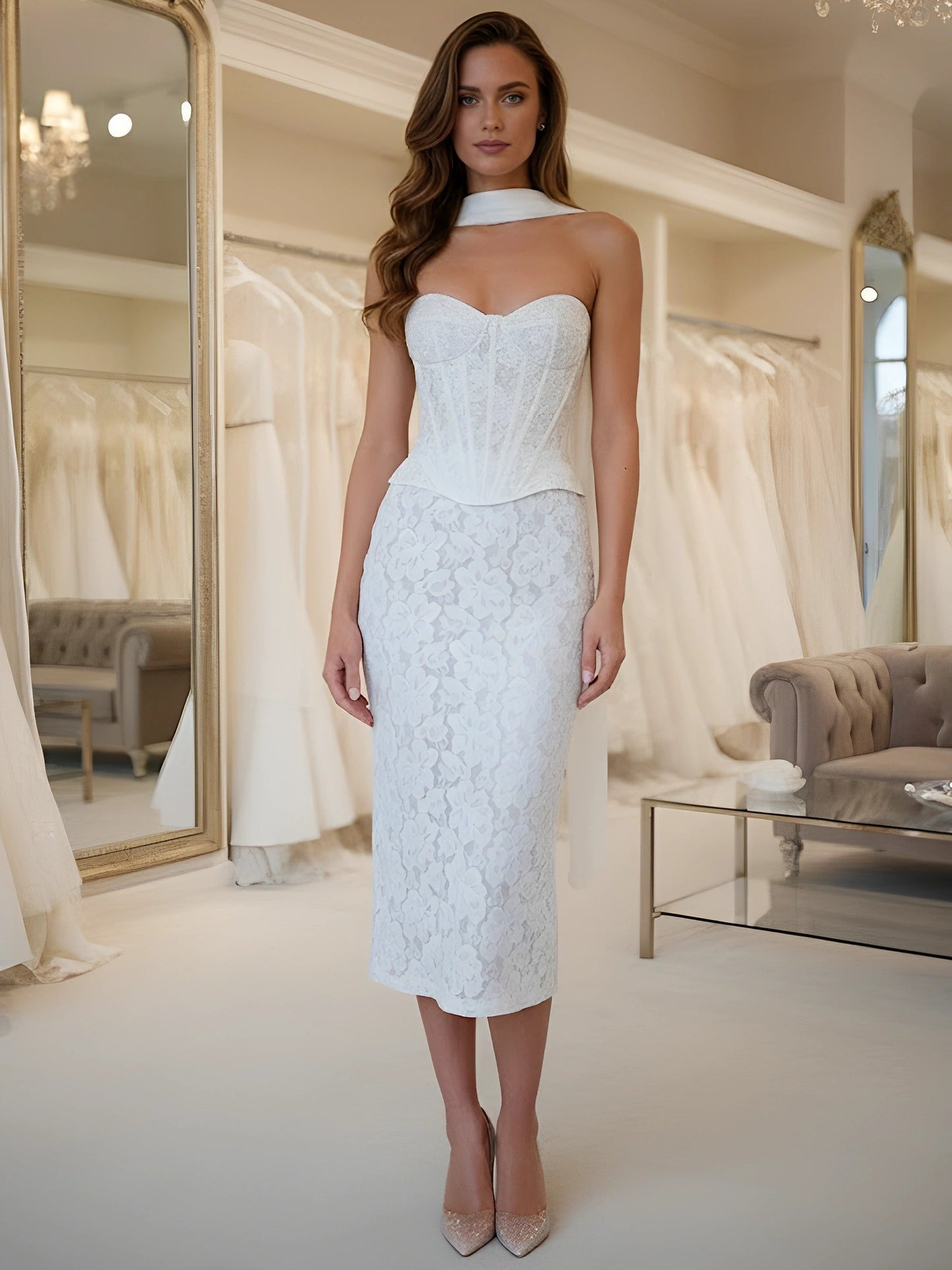 Sheath/Column Strapless Lace Cocktail Dresses with Neck Scarf Sleeveless Tea-Length Formal Dresses