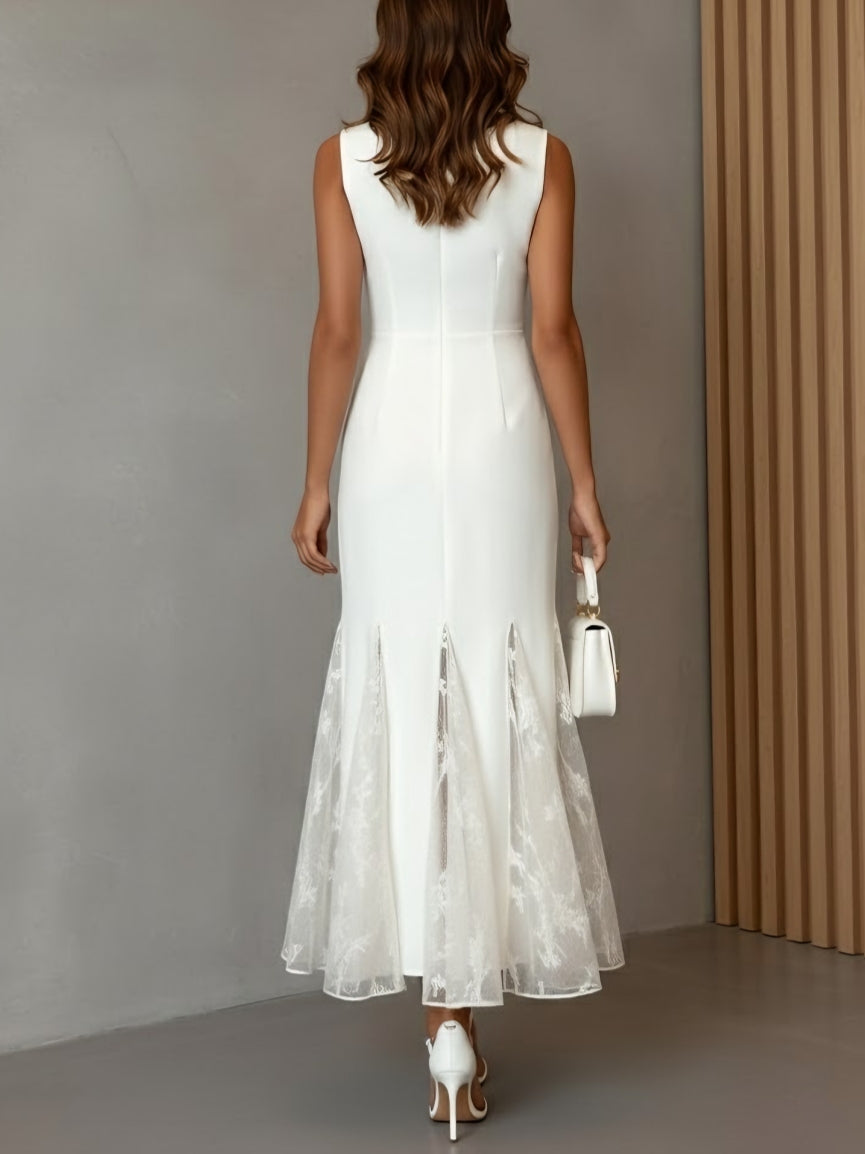 Trumpet/Mermaid Boat Neck Stretch Satin Cocktail Dresses Ankle-Length Lace Sleeveless Formal Dresses