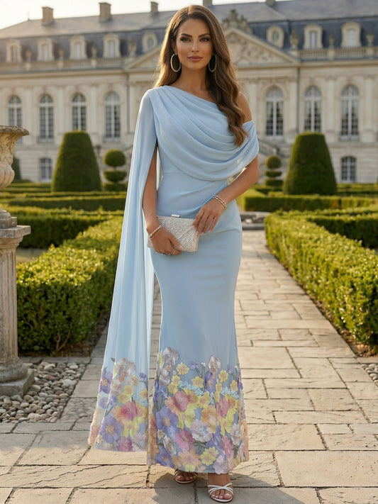 Sheath/Column One-Shoulder Chiffon Cocktail Dresses Ankle-Length Sleeveless Floral Formal Dresses