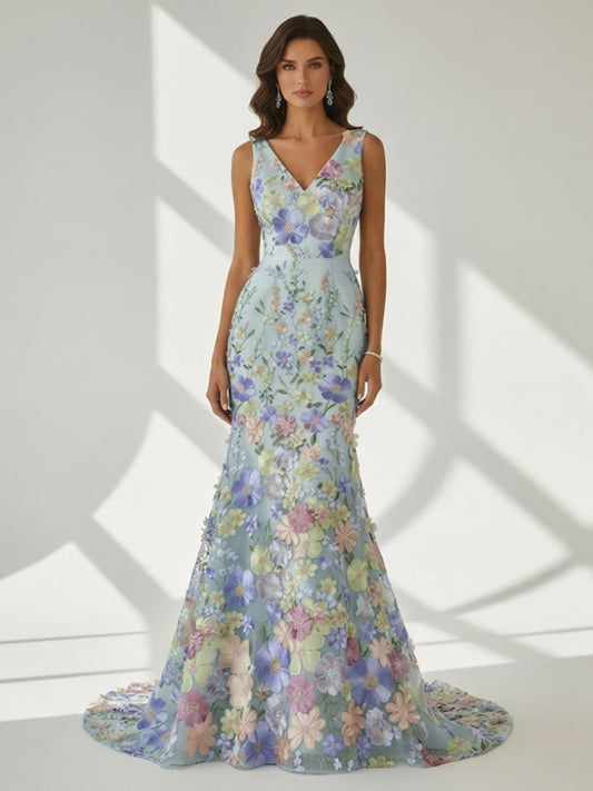 Trumpet/Mermaid V-Neck Lace Evening Dresses Floral Embroidery Floor-Length Sleeveless Party Dresses