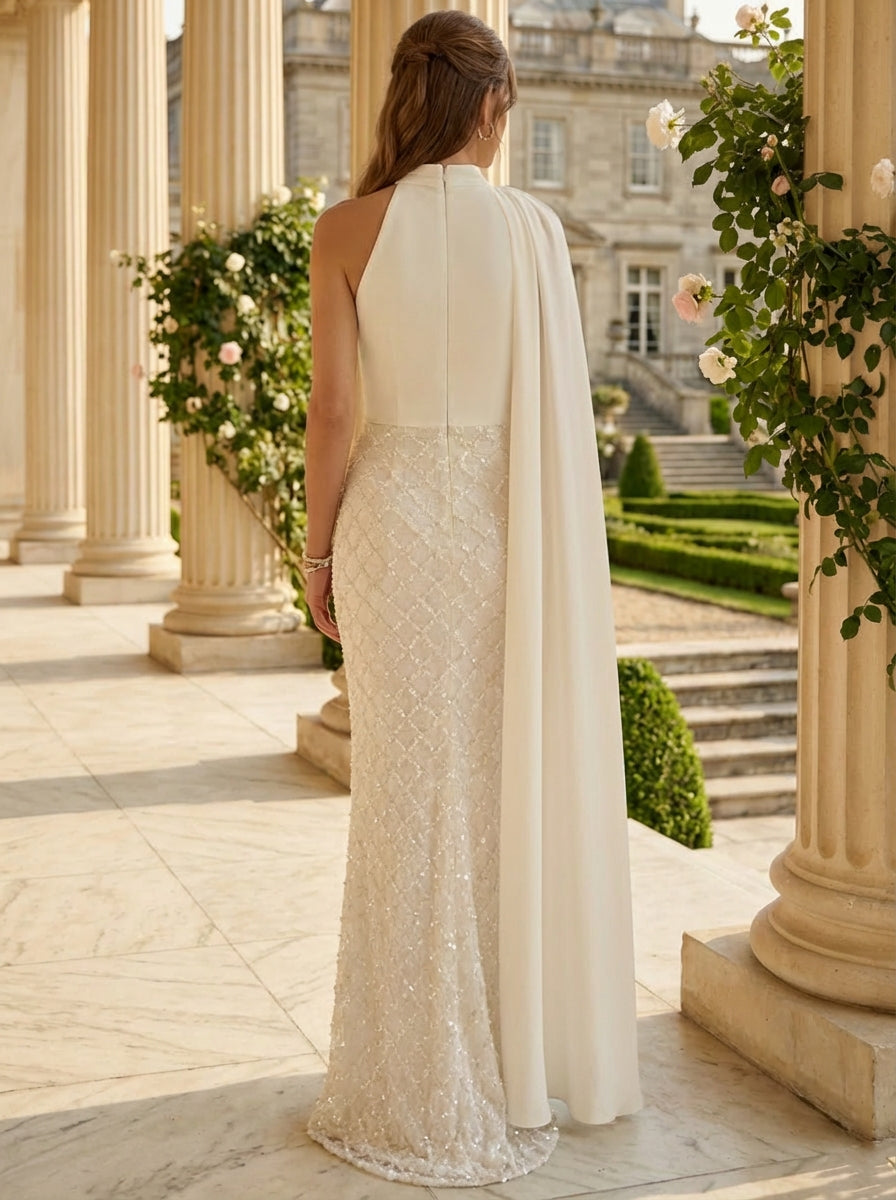 Sheath/Column High Neck Silk Satin Evening Dresses Cape Sleeves Beading Sequins Floor-Length Party Dresses