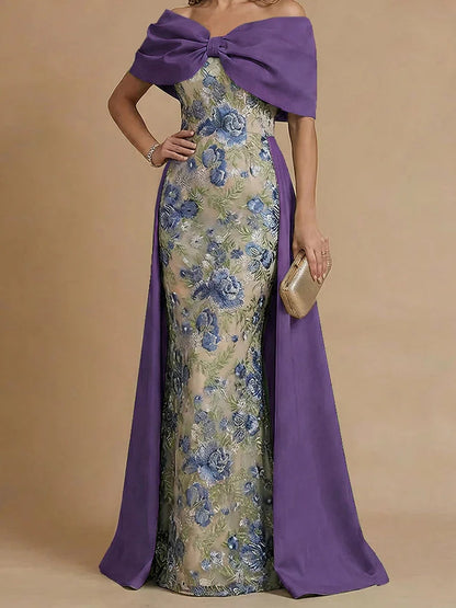 Sheath/Column Off-the-Shoulder Mother of the Bride Dresses Satin Floor-Length Sleeveless Floral