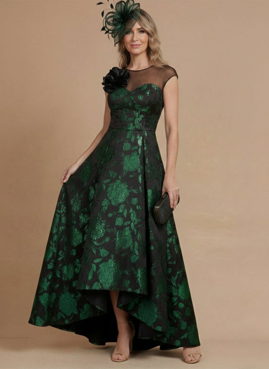 A-Line/Princess Scoop Satin Mother of the Bride Dresses Asymmetrical Floor-Length Short Sleeves Floral
