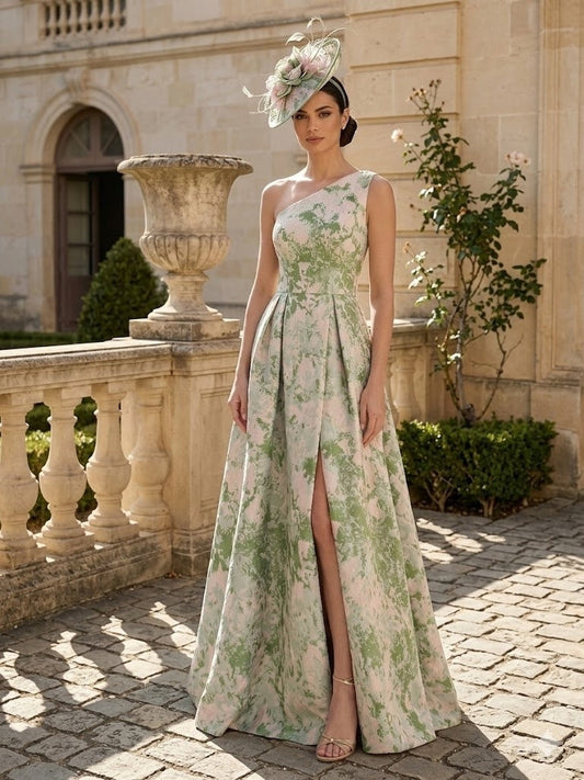 A-Line/Princess One-Shoulder Jacquard Wedding Guest Dresses Floor-Length Sleeveless Split Side