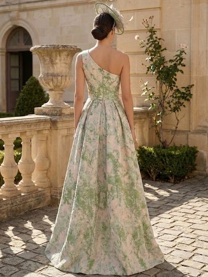 A-Line/Princess One-Shoulder Jacquard Wedding Guest Dresses Floor-Length Sleeveless Split Side