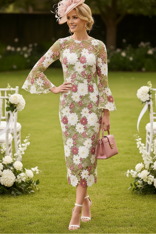 Sheath/Column Scoop Lace Mother of the Bride Dresses Floral Long Sleeves Tea-Length
