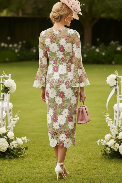 Sheath/Column Scoop Lace Mother of the Bride Dresses Floral Long Sleeves Tea-Length