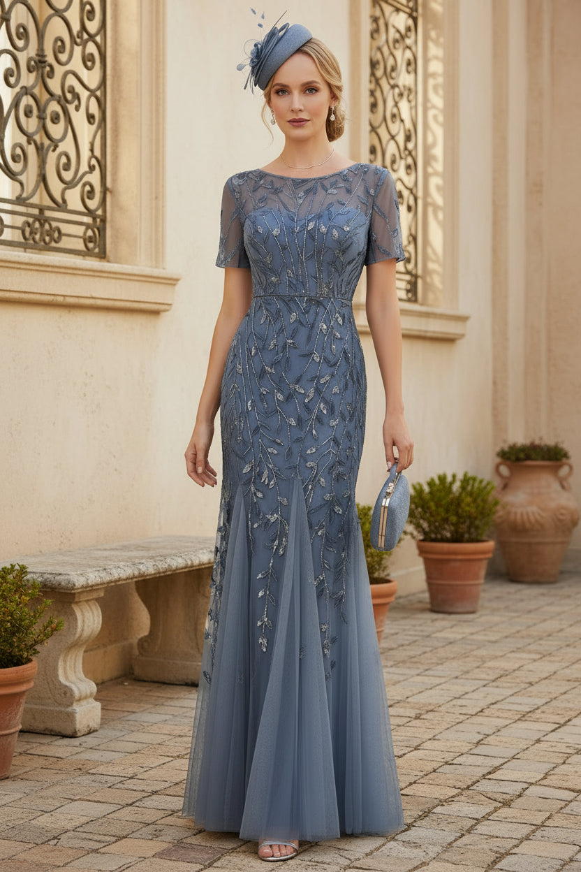 Sheath/Column Scoop Neck Short Sleeves Mother of the Bride Dress