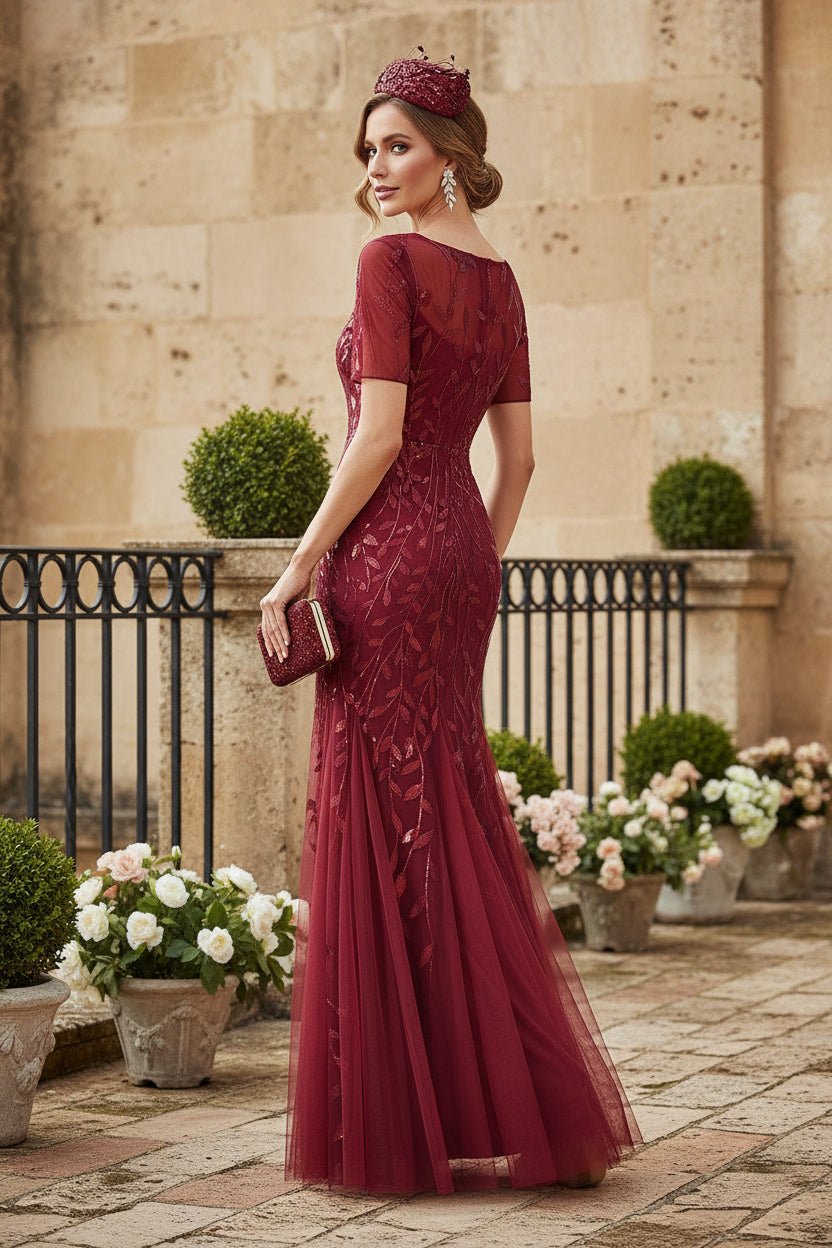 Sheath/Column Scoop Neck Short Sleeves Mother of the Bride Dress