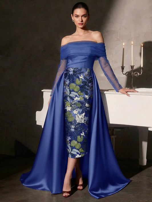 A-Line/Princess Evening Dresses Off-the-Shoulder Long Sleeves Floor-Length Satin Formal Dress