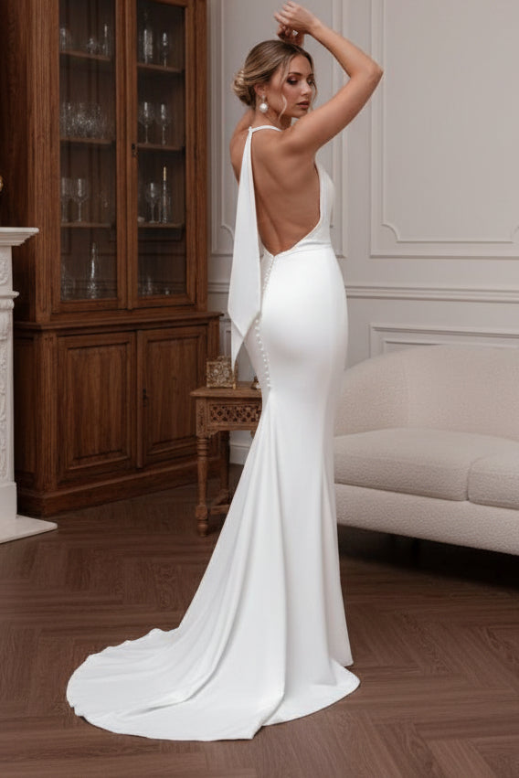 Halter Pleated Mermaid Backless Simple Weding Dress