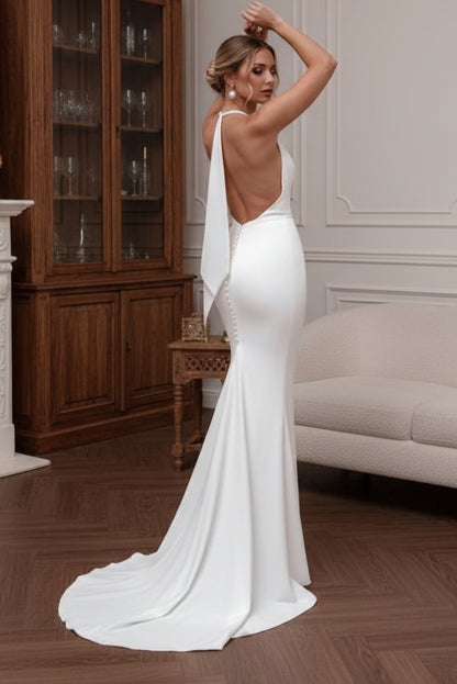 Halter Pleated Mermaid Backless Simple Weding Dress