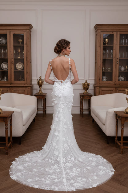 Floral Square Neck Sleeveless Backless Trumpet Wedding Dress