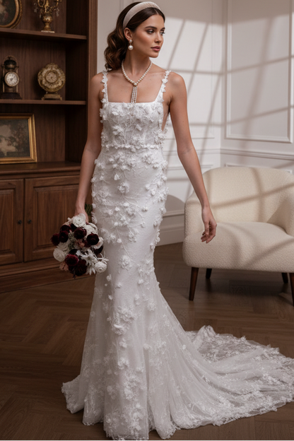 Floral Square Neck Sleeveless Backless Trumpet Wedding Dress