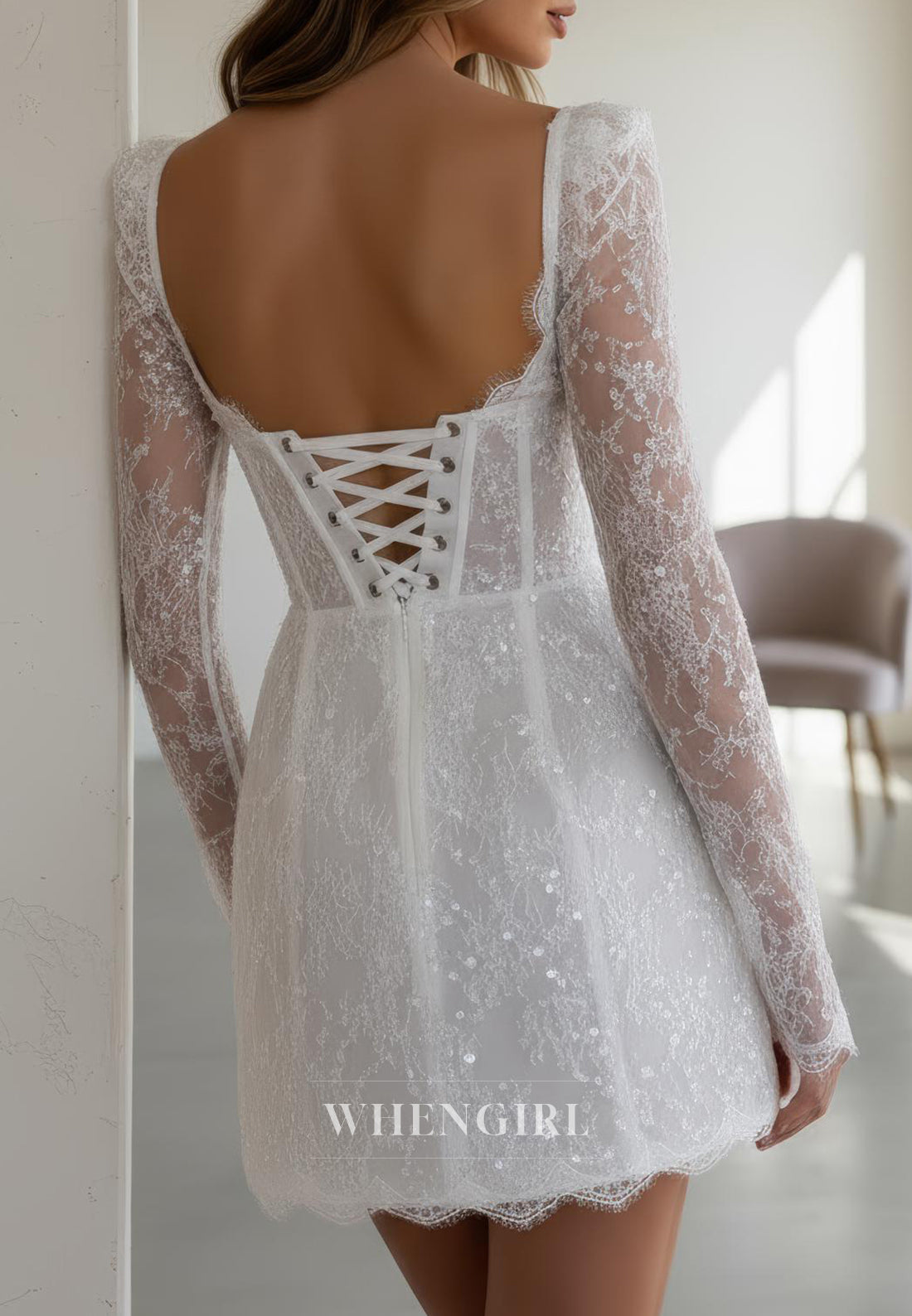 Sheath Long Sleeves Square Neck Lace Up Short Wedding Dress