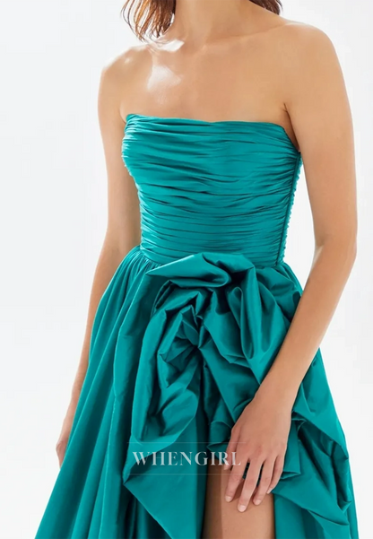 Colorful Tube Top A-Line Sleeveless Side Slit Ruched Satin Party Prom Dress with Floral