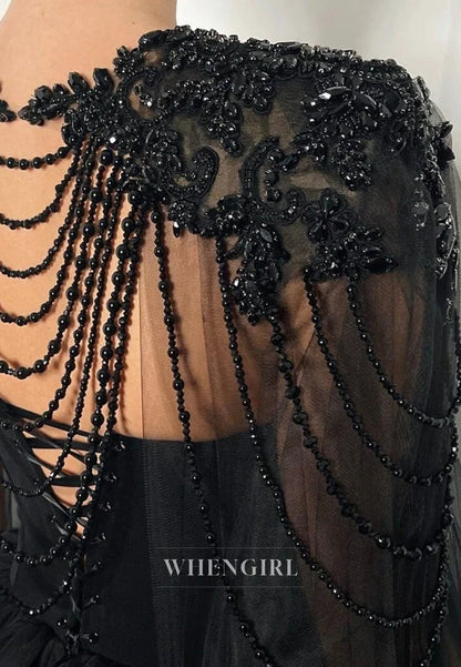 Black Crystal Beaded Tulle Cape Sweetheart Lace Up A-Line Wedding Dress