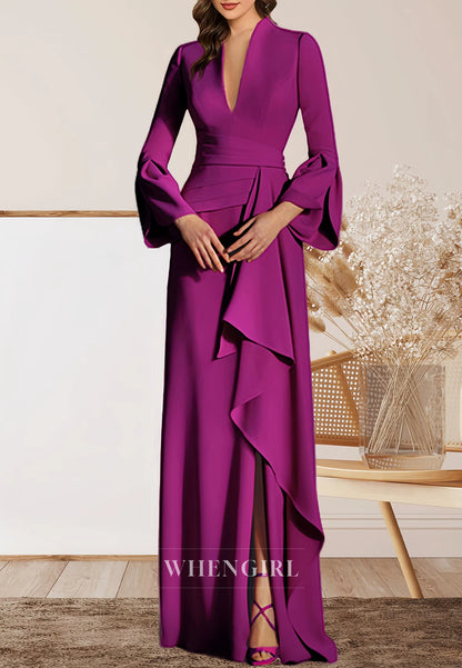 Orchid V Neck Long Sleeves Column Buttons Mother of the Bride Dress