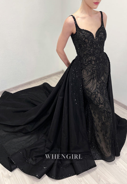 Black Mermaid V Neck Sleeveless Beaded Lace Tetachable Court Train Wedding Dress
